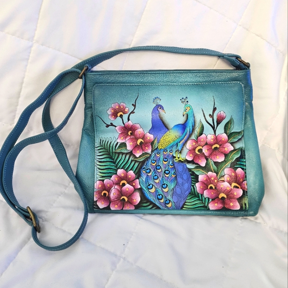 Anuschka Peacock Love - Hand Painted Leather Crossbody Organizer NWT